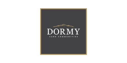 Logo for Dormy Care Communities with a dark background and gold border.