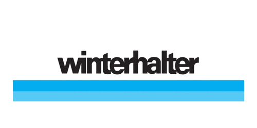 Winterhalter logo with black text and two blue horizontal lines underneath.
