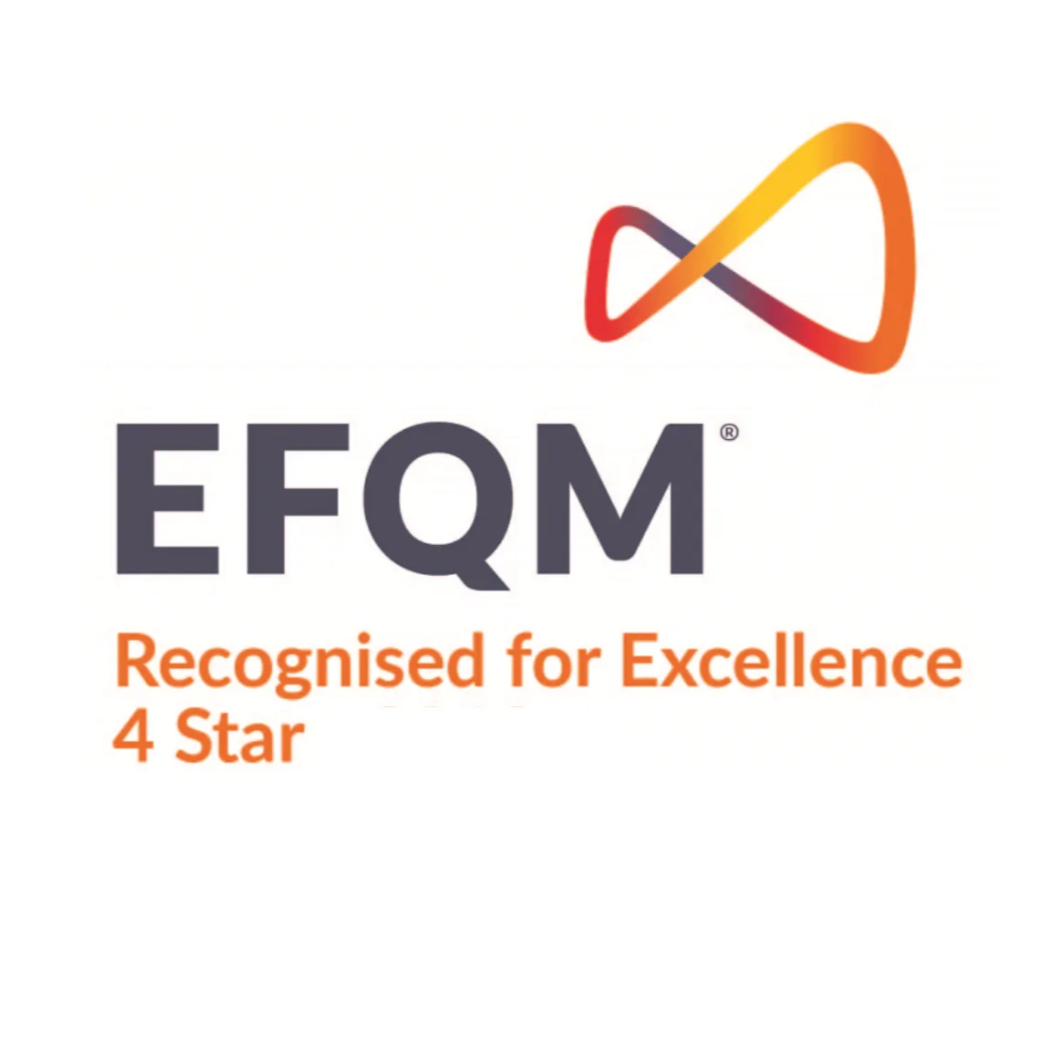 EFQM logo with a colorful infinity symbol, accompanied by the text "Recognised for Excellence 4 Star" in orange.