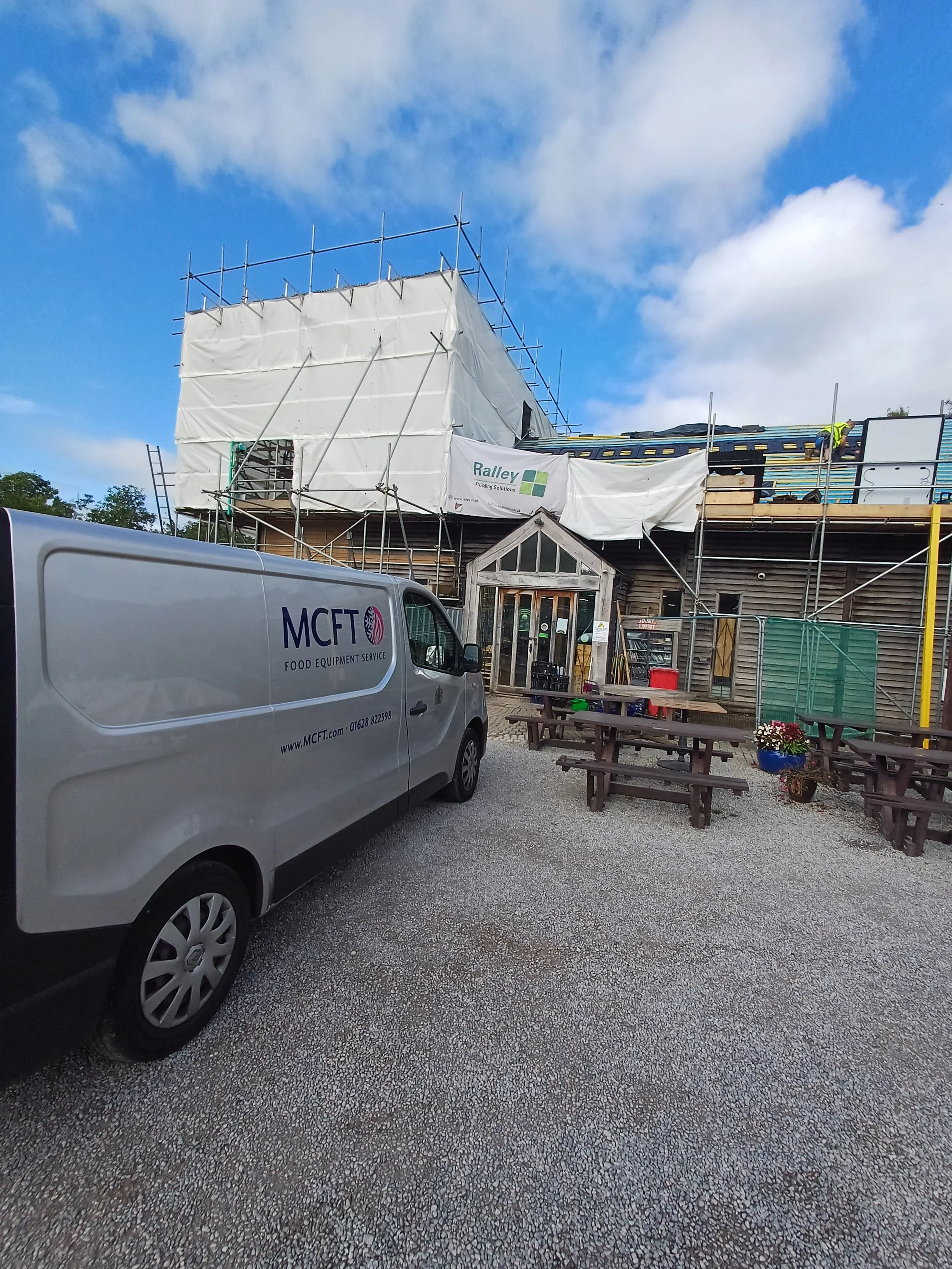 Construction site with a building covered in white tarp, scaffolding around it, and a worker on the roof. A white van with 