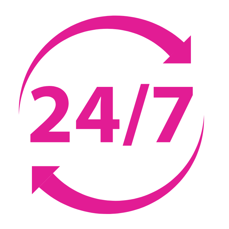 Pink circular arrow surrounding the text "24/7" indicating round-the-clock availability.
