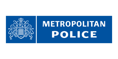 Metropolitan Police logo with a blue background, featuring a crest with a lion and crown on the left and the words 'Metropolitan Police' on the right.