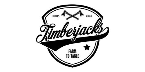 Timberjacks logo with crossed axes, established 2016, and "Farm to Table" tagline.