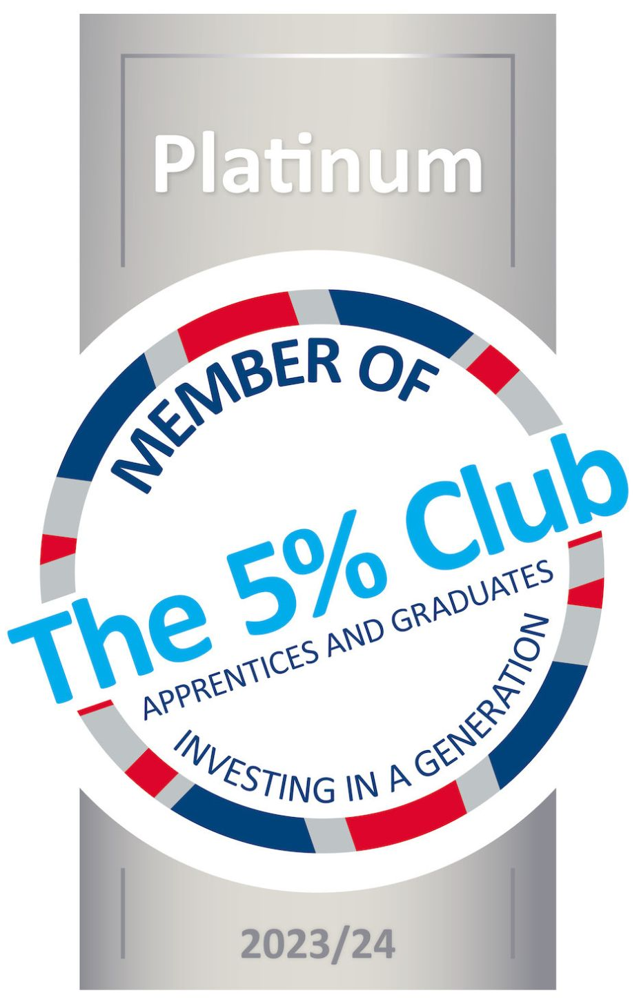 A membership card indicating the holder is a member of the 5% Club, focusing on apprentices and graduates, with a platinum status for the year 2023/24.