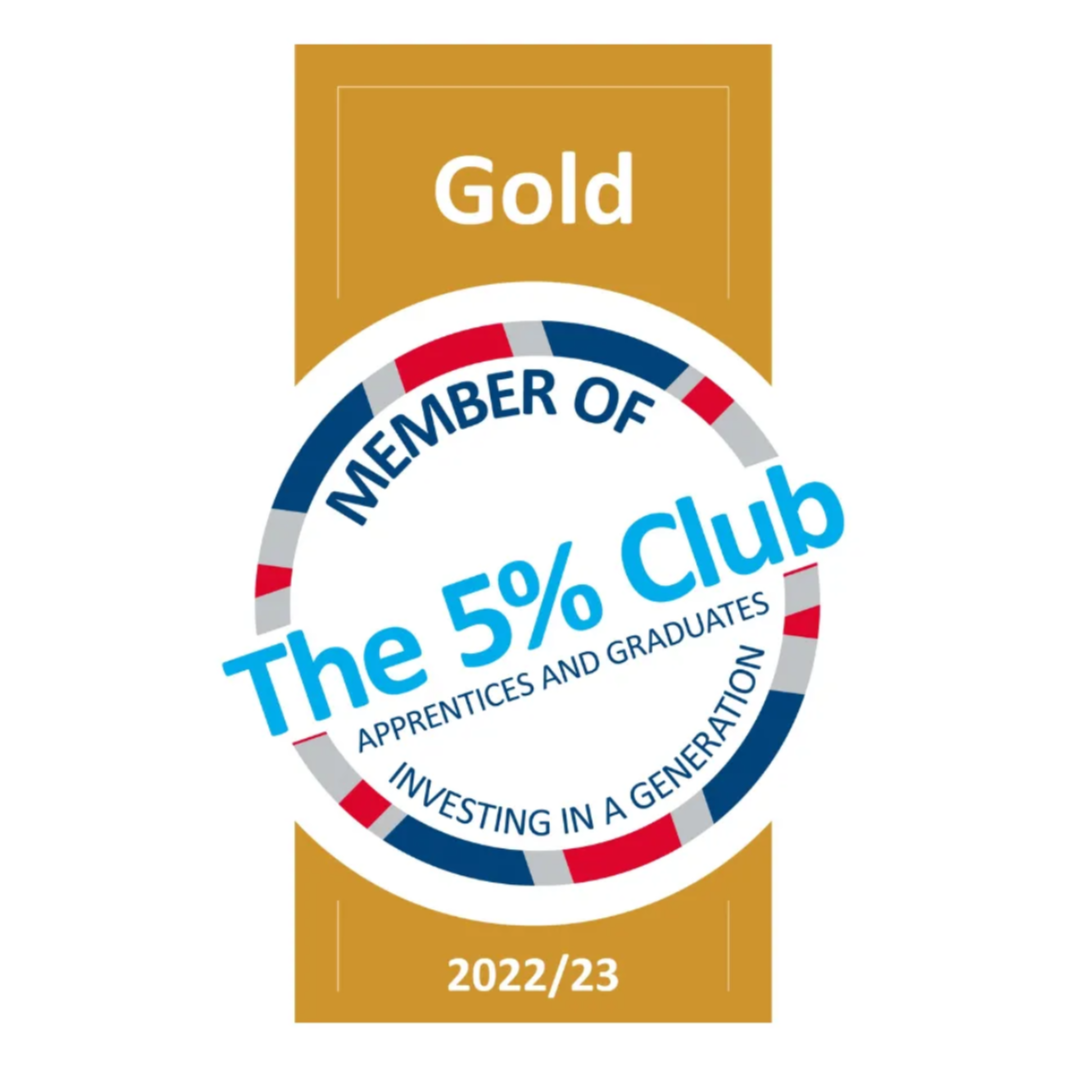 Gold membership badge for the 5% Club, recognizing apprentices and graduates investing in a generation for 2022/23.