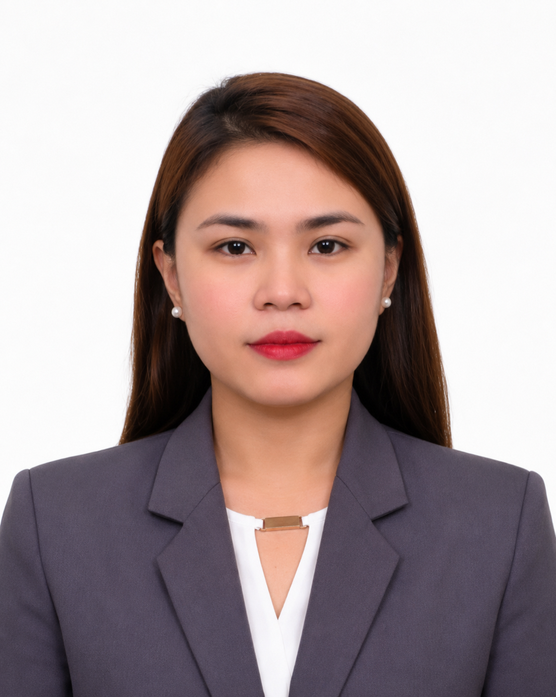 Professional portrait of a woman with straight brown hair wearing a gray blazer and white blouse, against a white background.