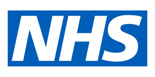 NHS logo design with bold white letters on a blue background, representing the National Health Service.