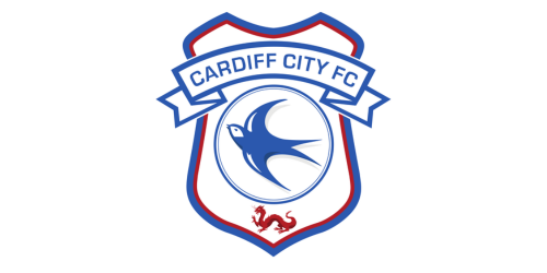 Cardiff City FC logo with a blue and white shield, a bird in flight, and a red lion at the bottom.