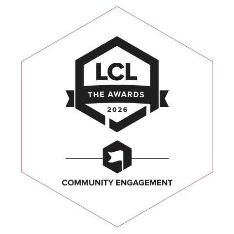 Logo for LCL The Awards 2026 with a black and white hexagonal design and the text Community Engagement below.