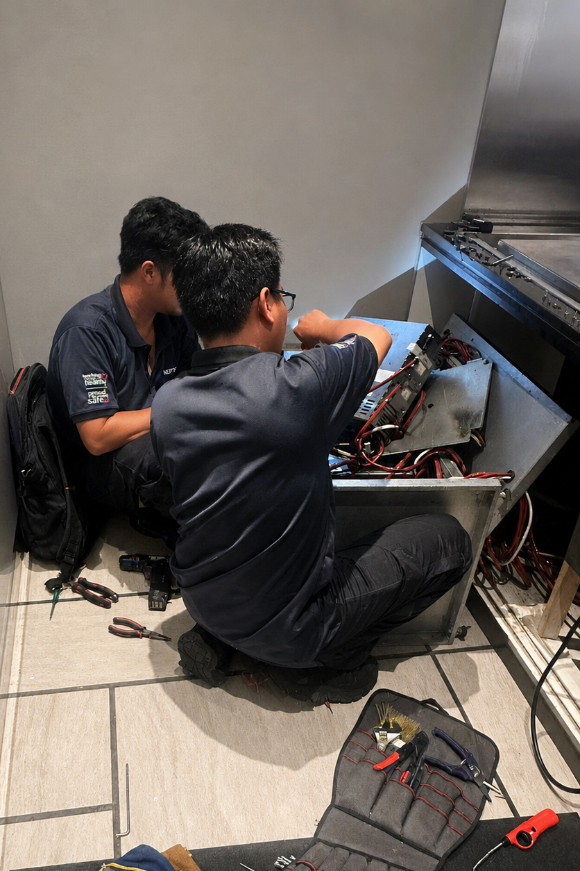 Two technicians working on electronic equipment inside a metal casing, surrounded by tools on the floor.