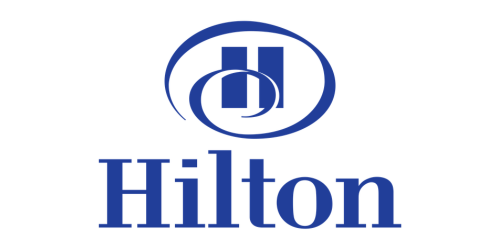 Hilton hotel logo with blue text and emblem