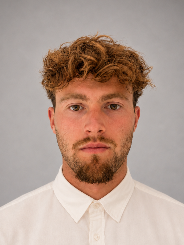 Close-up portrait of a young man with curly red hair, a light beard, wearing a white button-up shirt, against a plain gray background.