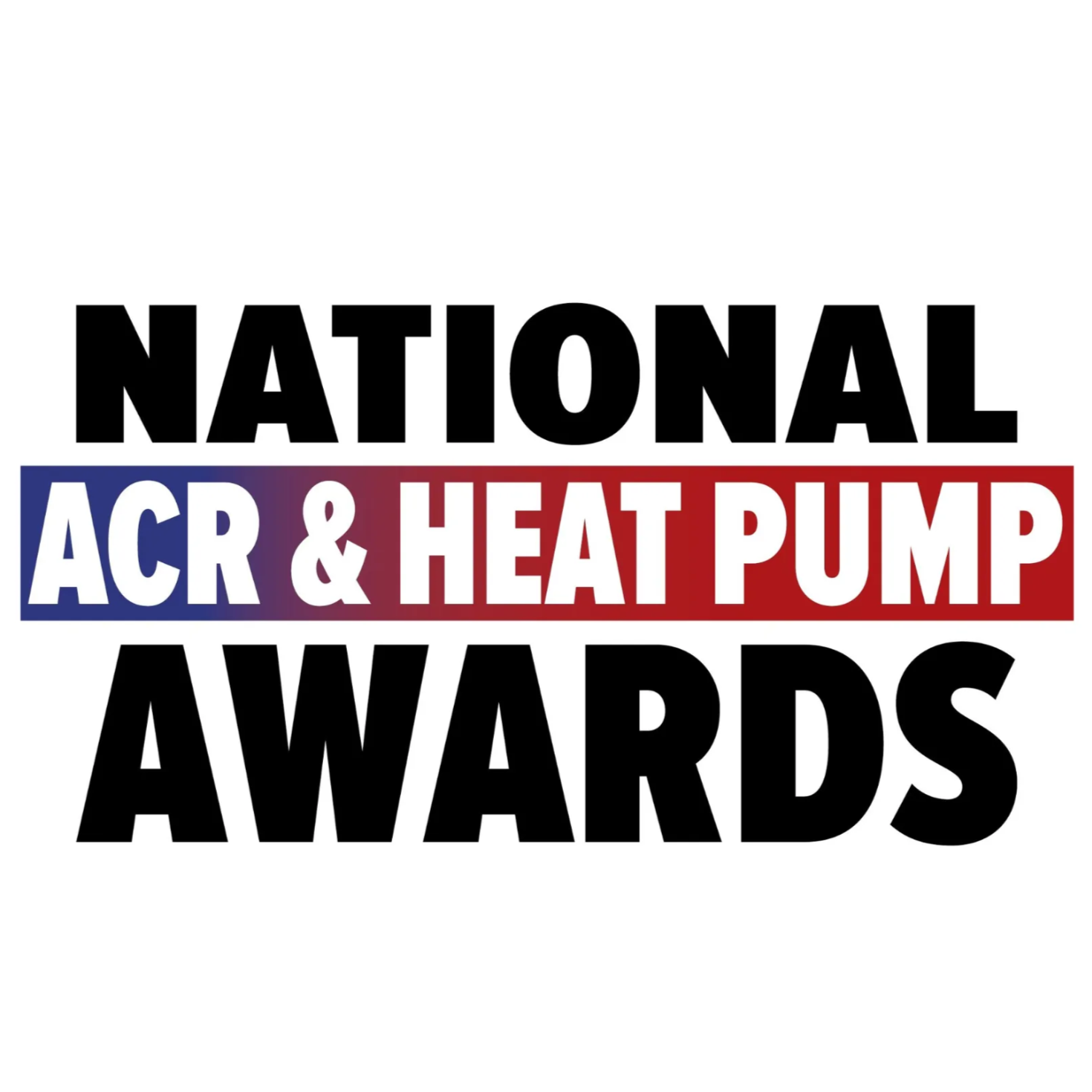 Text image with bold black text reading "NATIONAL AWARDS" above a red, white, and blue bar that says "ACR & HEAT PUMP" in white and blue text.