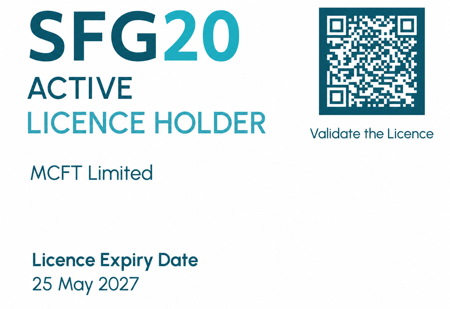 A vehicle license plate with the text 'SFG20 ACTIVE LICENCE HOLDER,' the company name 'MCFT Limited,' a QR code, and an expiry date of May 25, 2027, with instructions to validate the license.