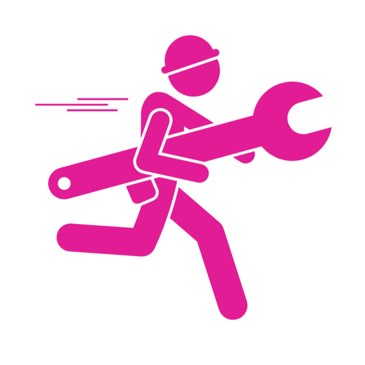Pink icon of a person running while carrying a large wrench.