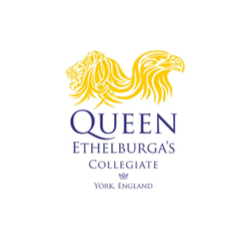 Queen Ethelburga's Collegiate logo with a golden lion and purple text.