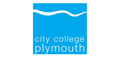 Logo of City College Plymouth with blue background and white wavy line.