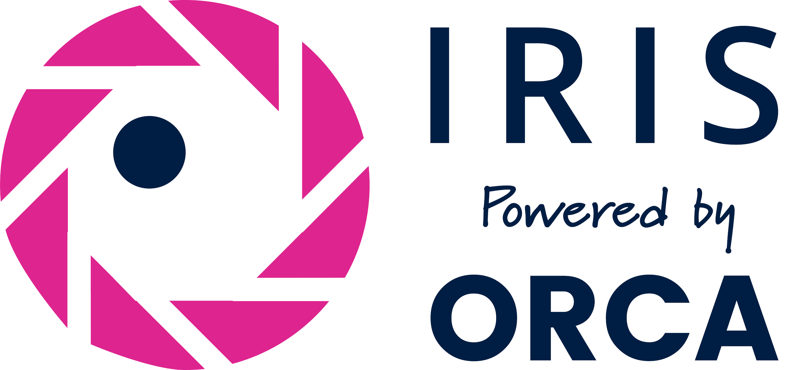 Logo of ORCA with a pink circle made of stylized camera shutter blades and the text 'IRIS Powered by ORCA'.
