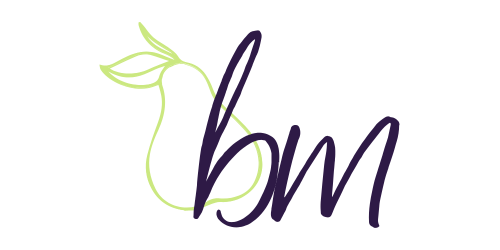 Logo featuring a stylized green pear outline with the letters 'bm' in dark purple.