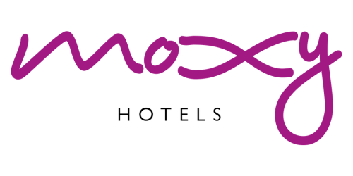 Logo of Moxy Hotels with purple cursive text 'moxy' and black 'HOTELS' underneath