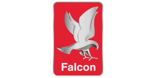 Red rectangular sign with a white silhouette of a falcon in flight and the word "Falcon" below.