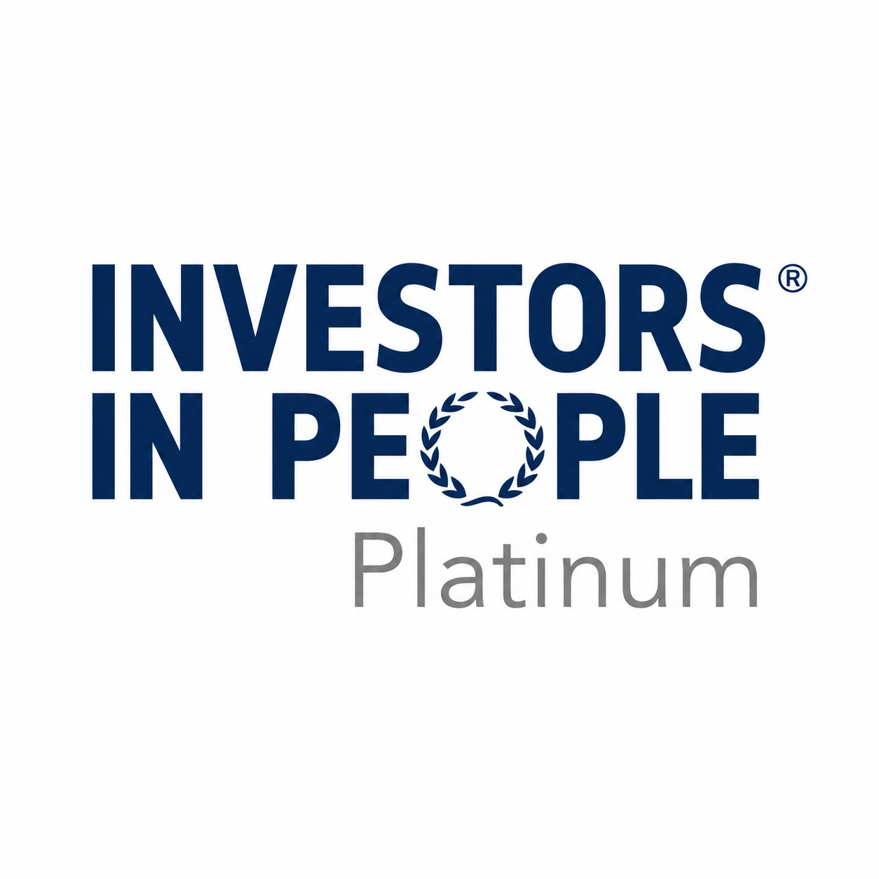 Logo with the words "Investors in People" in navy blue and "Platinum" in gray, featuring a laurel wreath symbol.