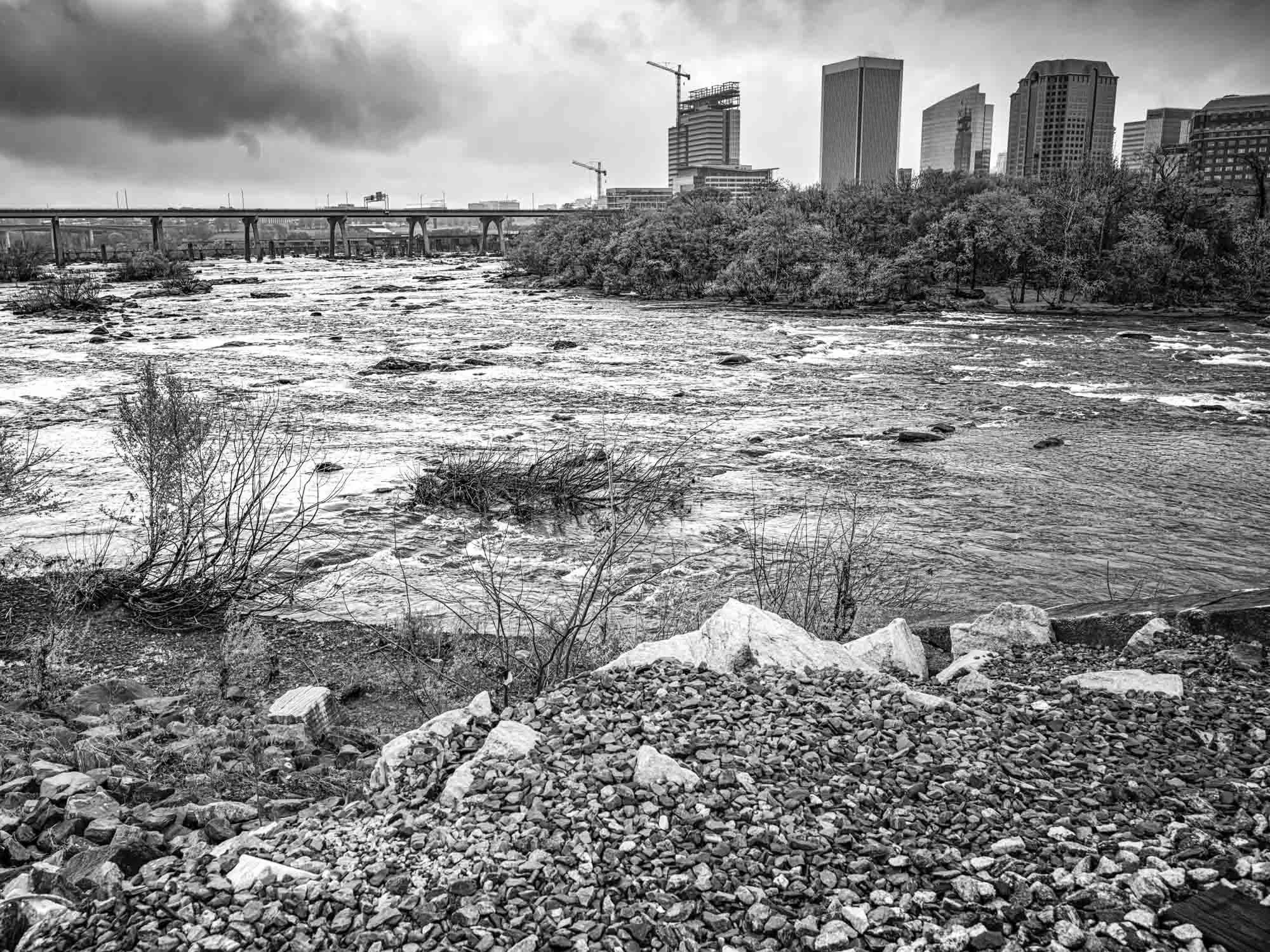 Richmond cityscape with river rapids