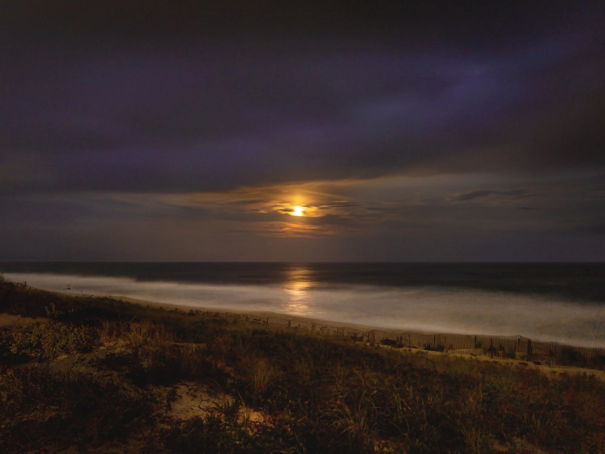 Nighttime view of the ocean with a cloudy sky and a bright moon illuminating the water, seen from a sandy beach with vegetation and a wooden fence.