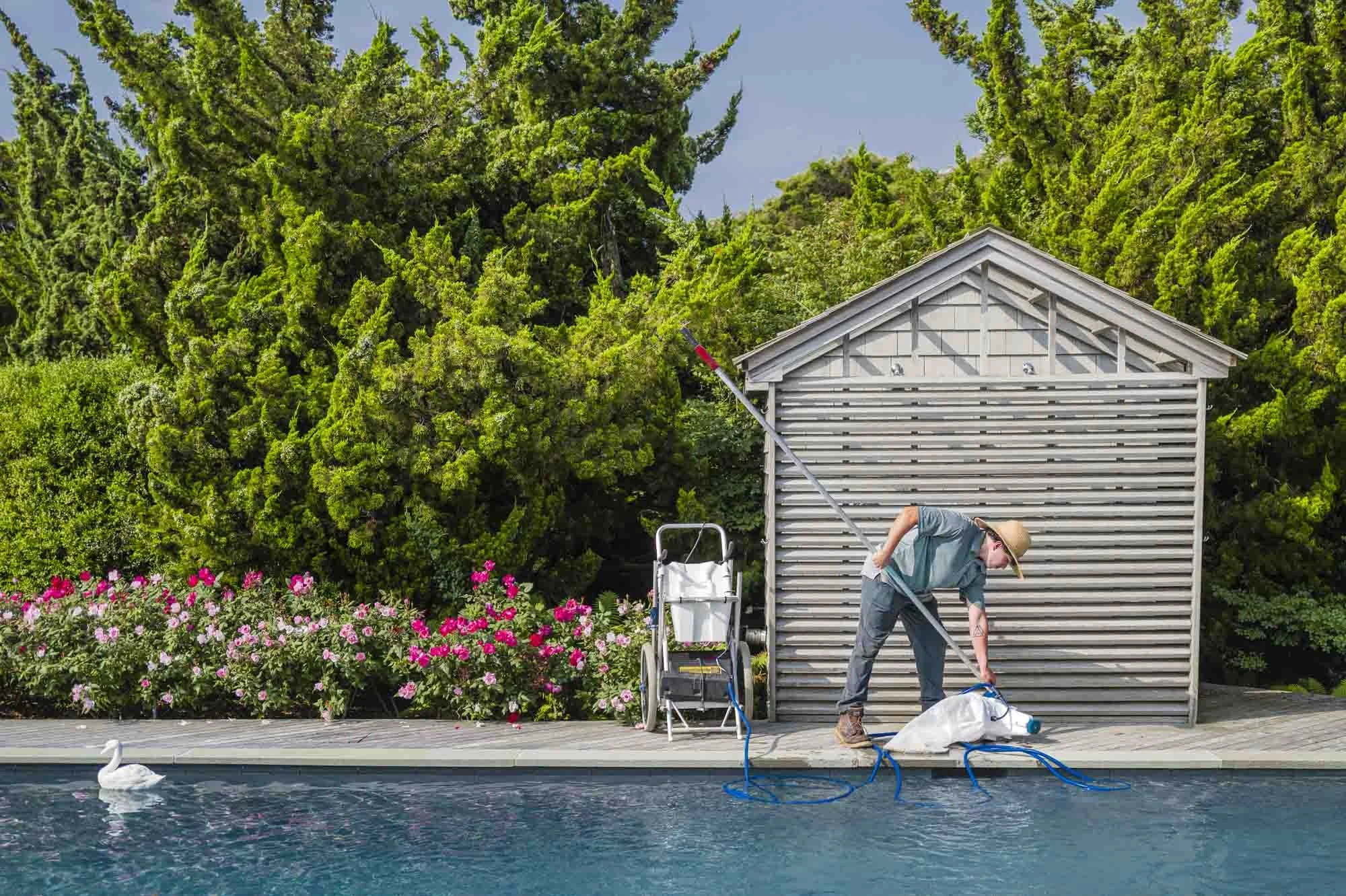 A person cleaning a swimming pool with gardening gloves near a poolside shed, surrounded by flowers and green trees.