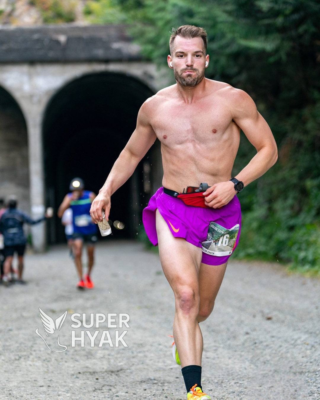 Marathon and Half Runners exiting the Snoqualmie Tunnel at Hyak in Washington at the Downhill Super Series | Super Hyak, Cascade Express, Jack & Jill Course