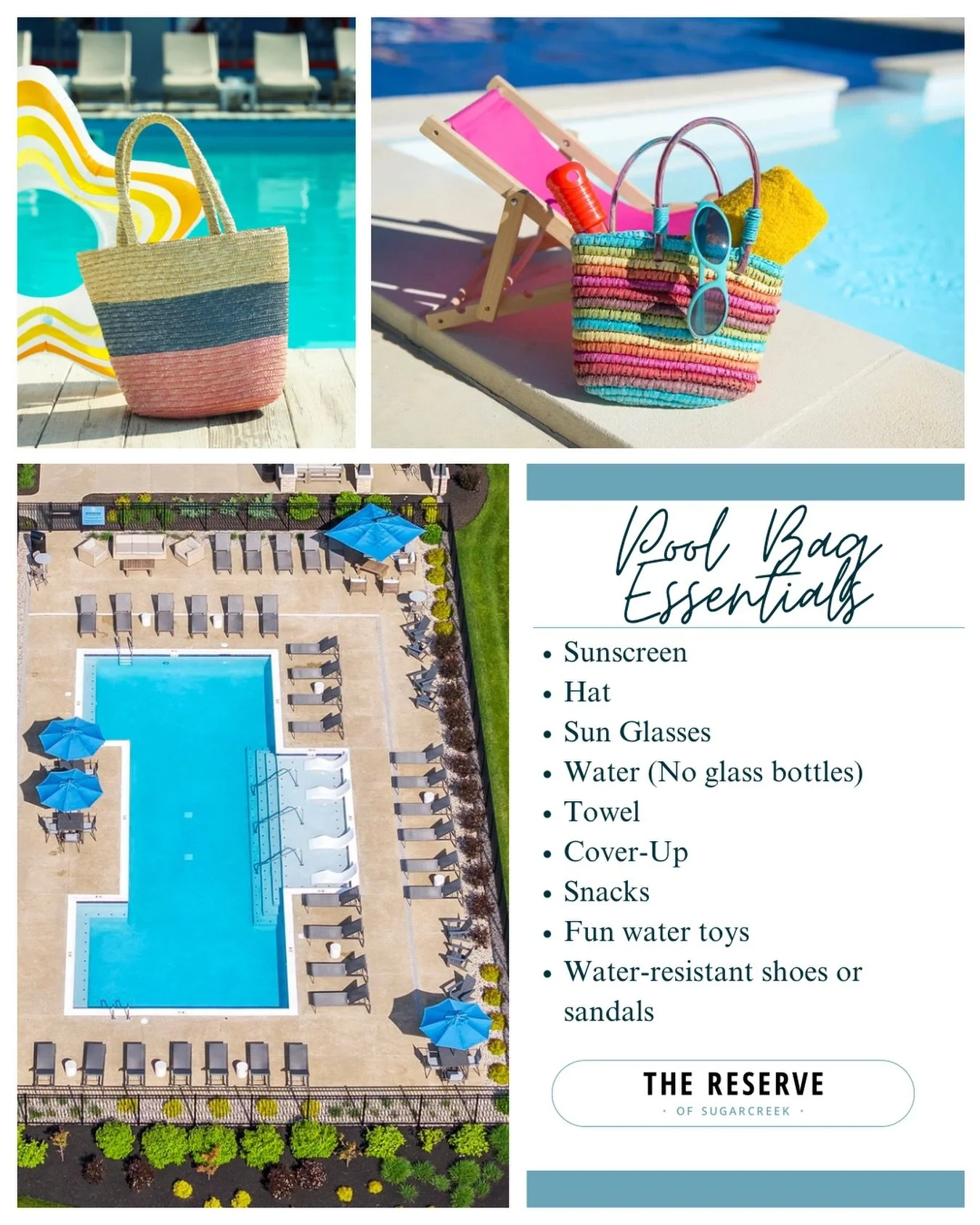 ☀️ Pool Day Essentials Check! 🏊&zwj;♀️🎒

Before you head to the pool, don&rsquo;t forget your sunscreen, towel, sunglasses, water bottle, and your favorite summer read! 😎📚

As a friendly reminder for all Reserve at Grand of Sugarcreek residents:
