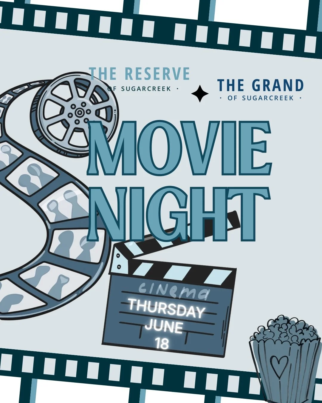 🎬🍿 Movie Night is coming to The Reserve! 🍿🎬

Join us for a fun evening of movies, snacks, and community!

🎥 Family-Friendly Movie
🕢 7:30 PM | Social Lounge

🎥 Newly Released Feature Film
🕣 8:30 PM | Outdoor TV Area

🍿 Fresh Popcorn
🍬 Candy

