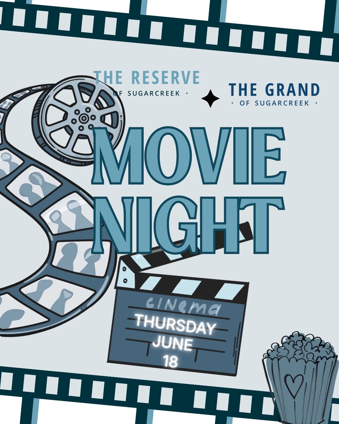 🎬🍿 Movie Night is coming to The Reserve! 🍿🎬

Join us for a fun evening of movies, snacks, and community!

🎥 Family-Friendly Movie
🕢 7:30 PM | Social Lounge

🎥 Newly Released Feature Film
🕣 8:30 PM | Outdoor TV Area

🍿 Fresh Popcorn
🍬 Candy
