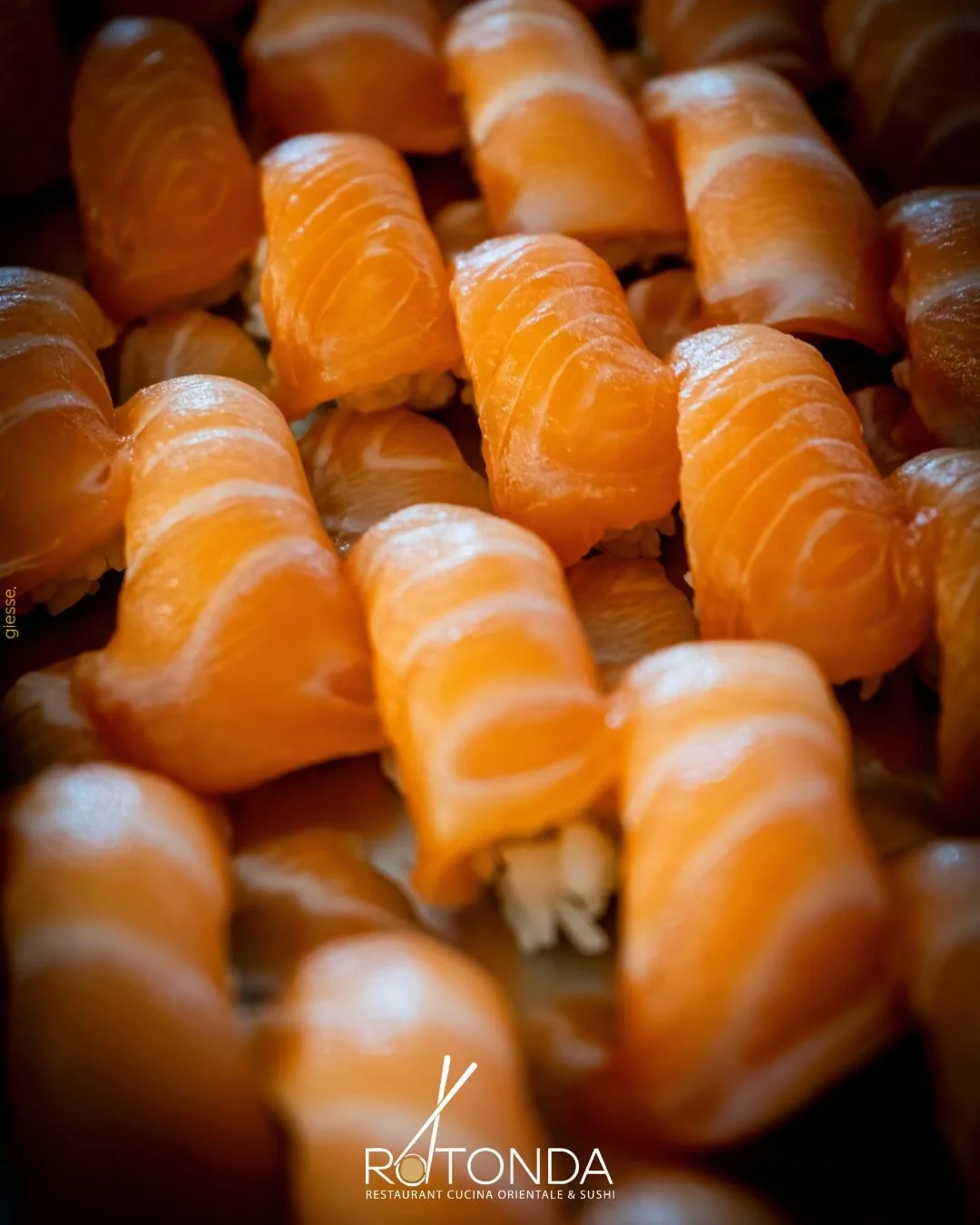 Un primo piano di involtini di salmone affumicato su un piatto, serviti come antipasto. In basso, il logo di Rotonda, ristorante di cucina orientale e sushi.