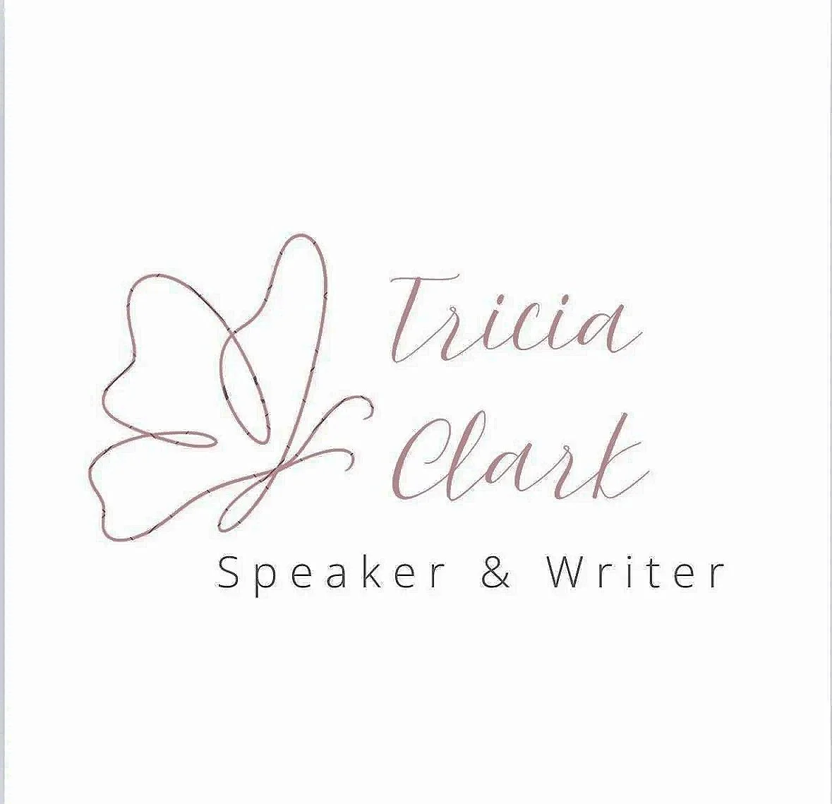 Business card with a butterfly illustration and the name Tricia Clark, Speaker & Writer, written in elegant cursive and serif fonts.