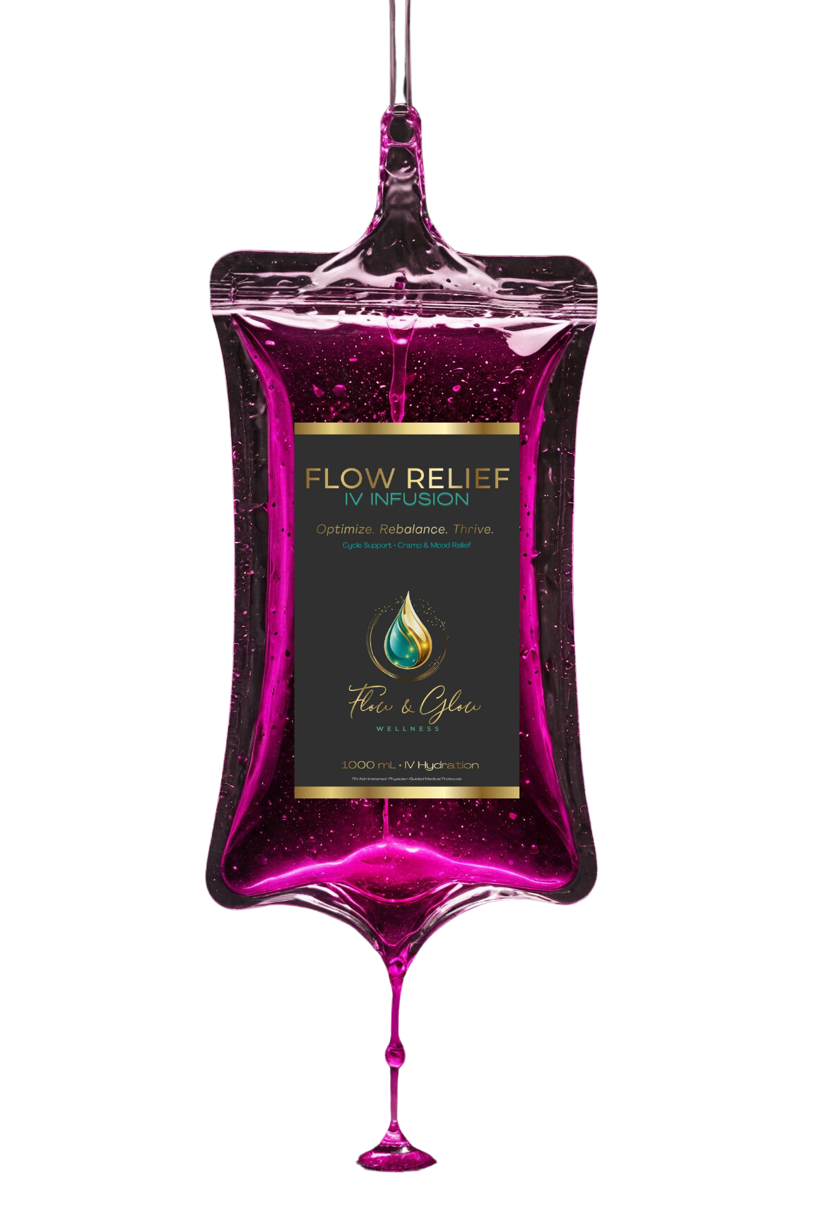 Flow Relief IV therapy bag for cramp, hydration, and menstrual wellness support.
