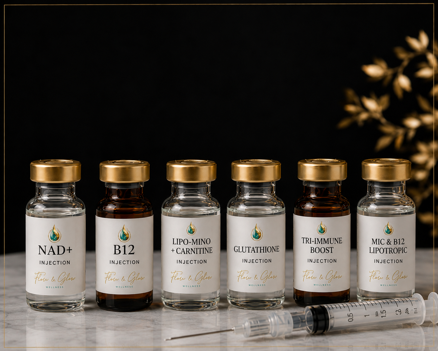 Flow & Glow Wellness vitamin injections including NAD+, B12, Glutathione, Tri-Immune Boost, and lipotropic wellness injections in Palm Beach Florida