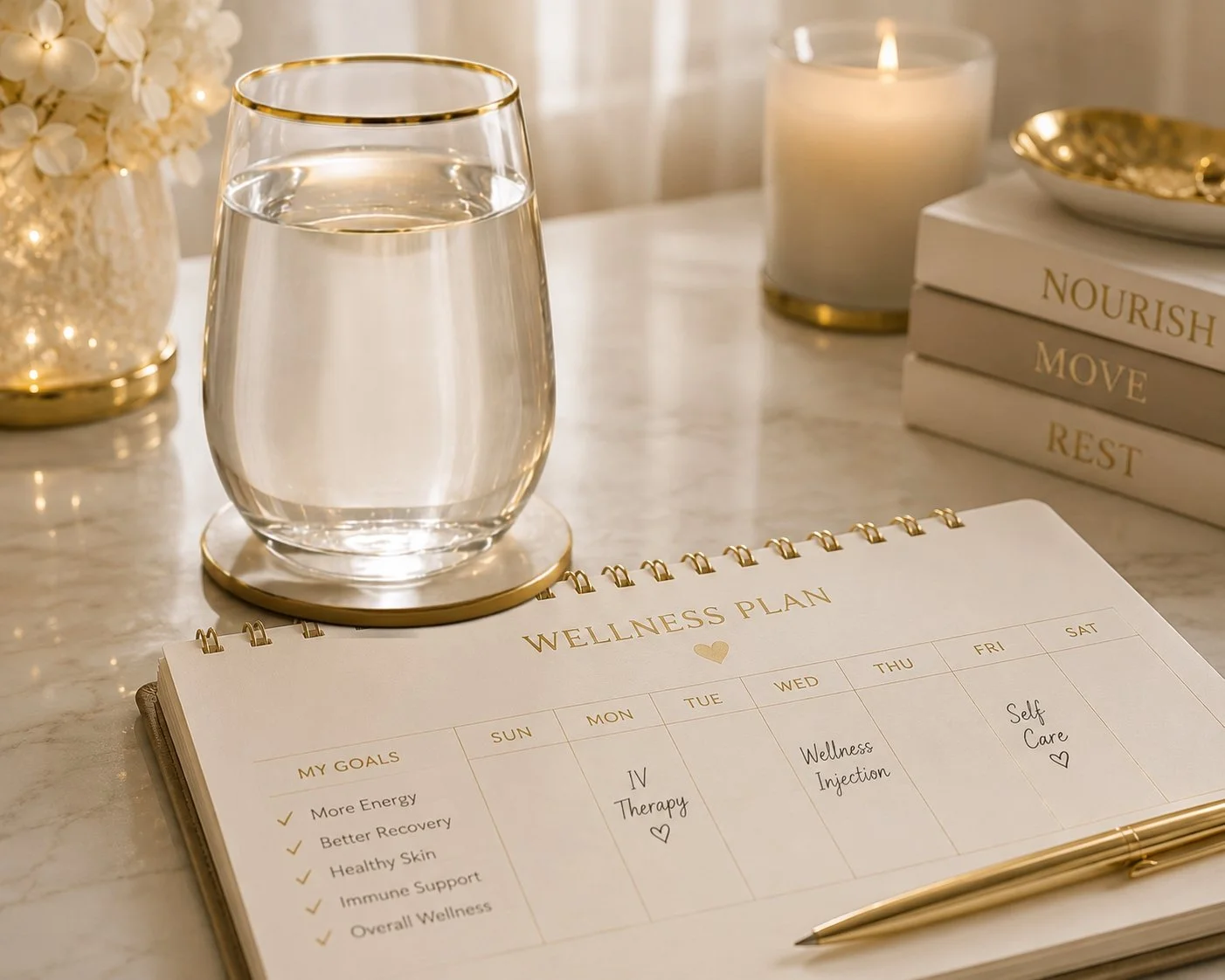 Wellness planner and calendar illustrating a personalized treatment schedule for IV therapy and wellness injections at Flow & Glow Wellness in Palm Beach County.
