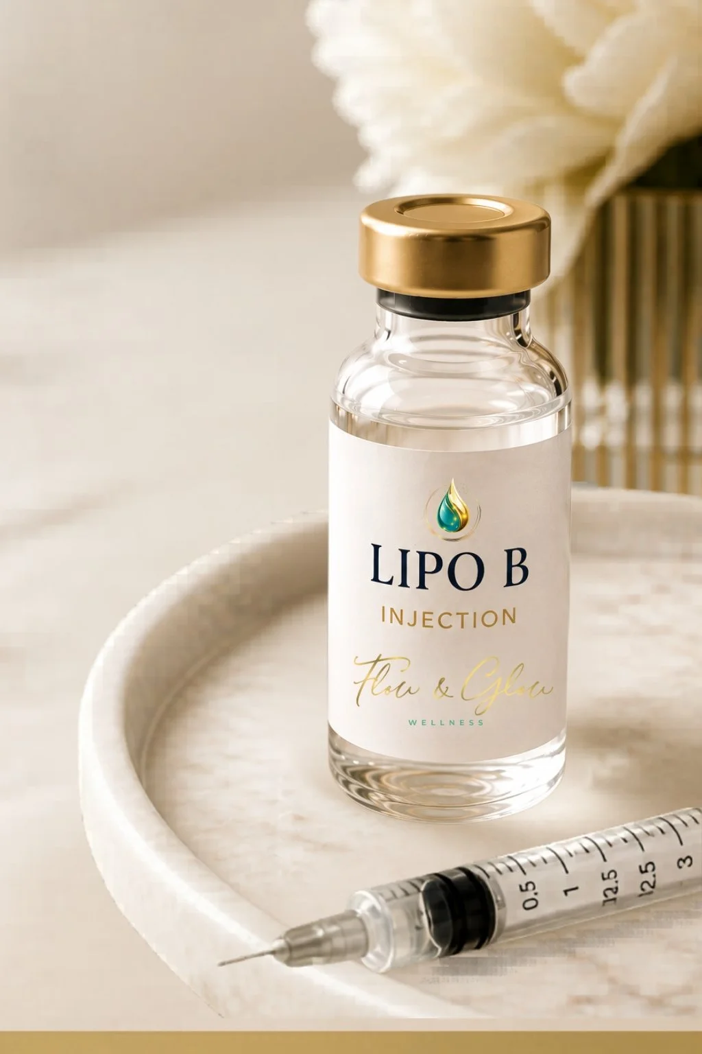 Lipo B injection with B vitamins and lipotropic nutrients for fat metabolism, energy production, and wellness support at Flow & Glow Wellness in West Palm Beach