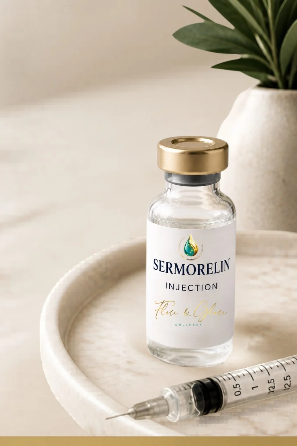 Sermorelin peptide therapy injection weight loss supporting healthy growth hormone production, recovery, sleep, and overall wellness at Flow & Glow Wellness in West Palm Beach.