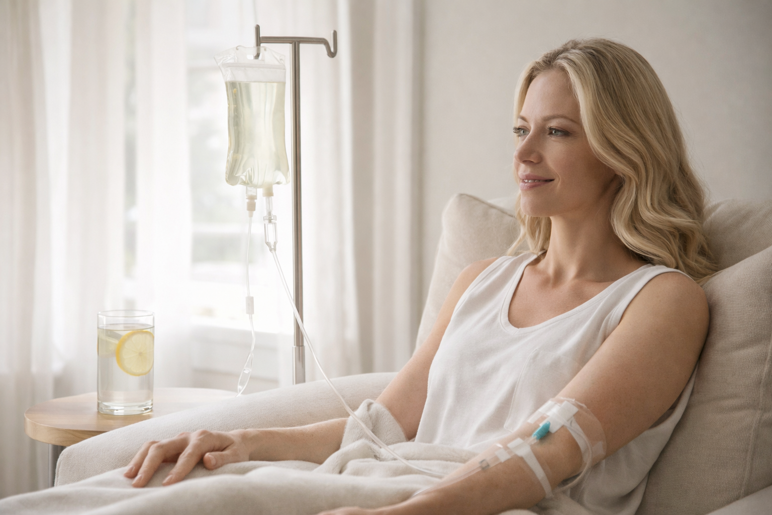 Woman relaxing at home receiving IV hydration therapy from a mobile wellness service in Palm Beach County.