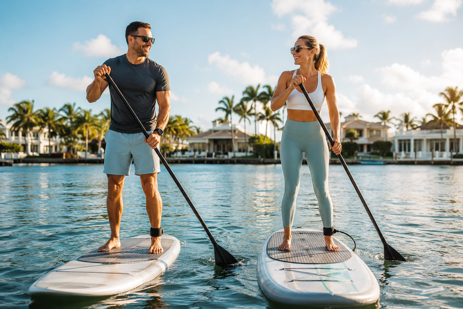 Active couple paddleboarding in West Palm Beach representing NAD+ therapy benefits including cellular energy support, healthy aging, cognitive wellness, recovery, and overall vitality at Flow & Glow Wellness.