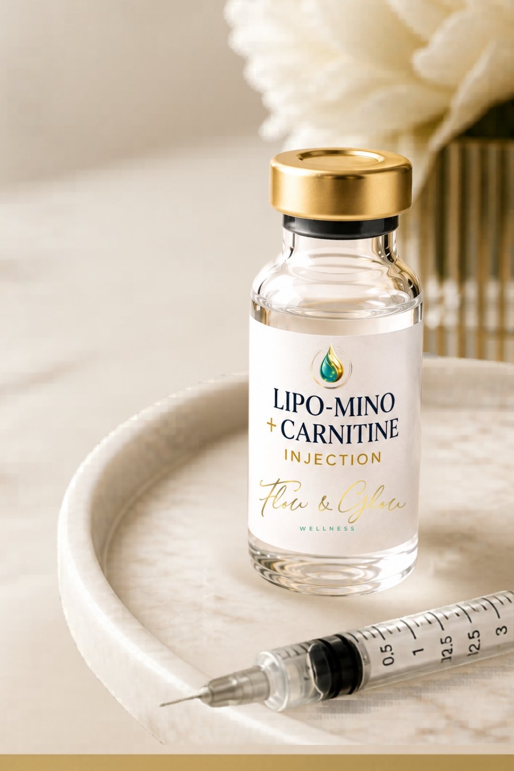 Lipo-Mino Plus Carnitine injection for fat metabolism, energy production, weight management, and wellness support at Flow & Glow Wellness in West Palm Beach