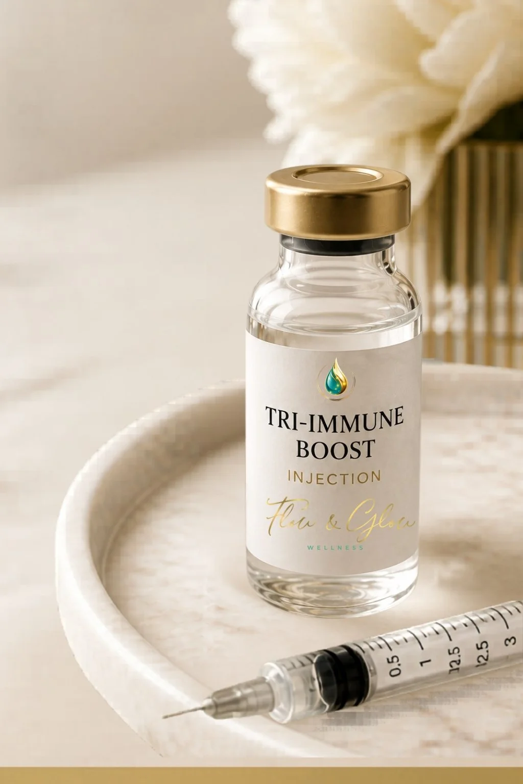 Tri-Immune Boost Injection for immune health support featuring vitamin C, zinc, and glutathione at Flow & Glow Wellness in West Palm Beach.