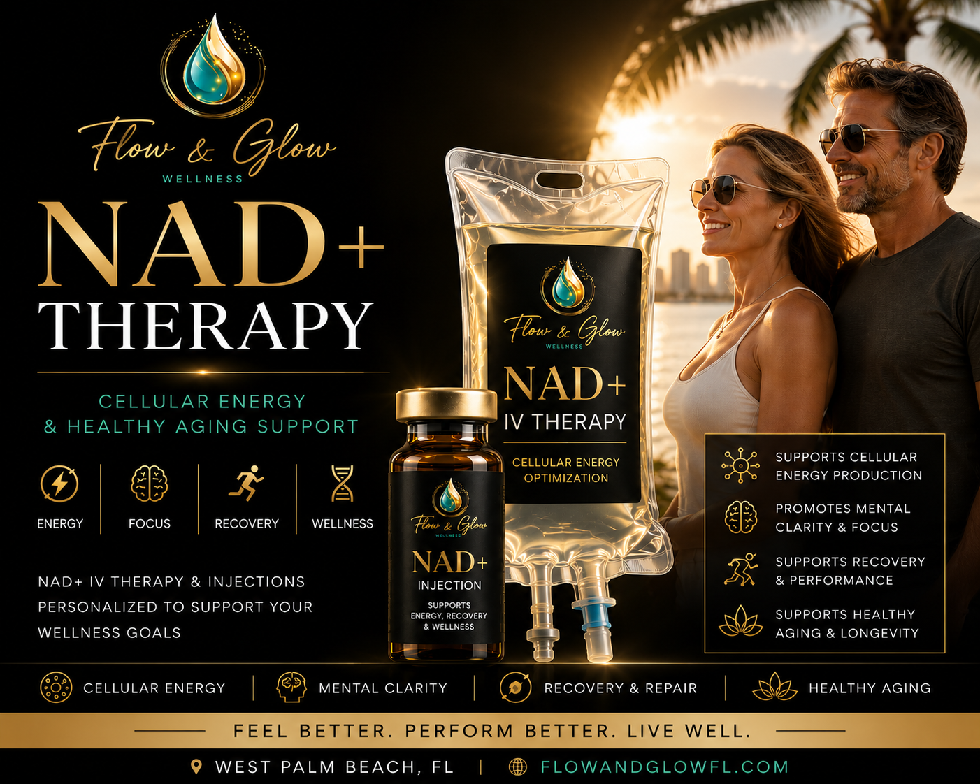 NAD+ IV therapy and NAD+ injections at Flow & Glow Wellness in West Palm Beach supporting cellular energy, recovery, and healthy aging.