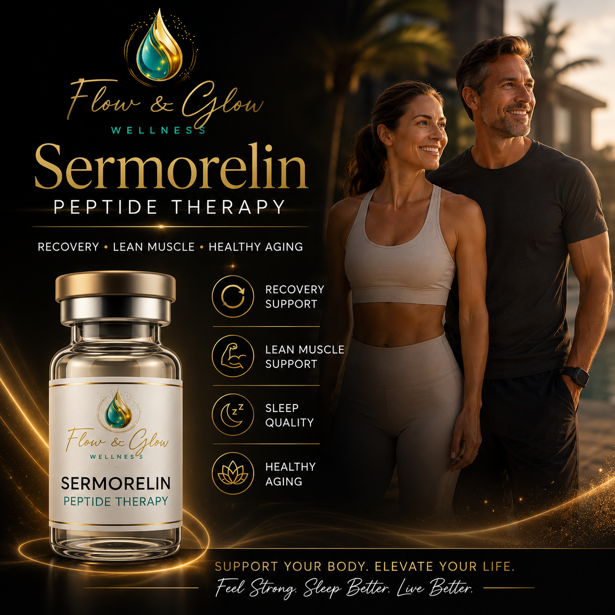 Sermorelin peptide therapy at Flow & Glow Wellness in West Palm Beach supporting recovery, lean muscle, sleep quality, and healthy aging.