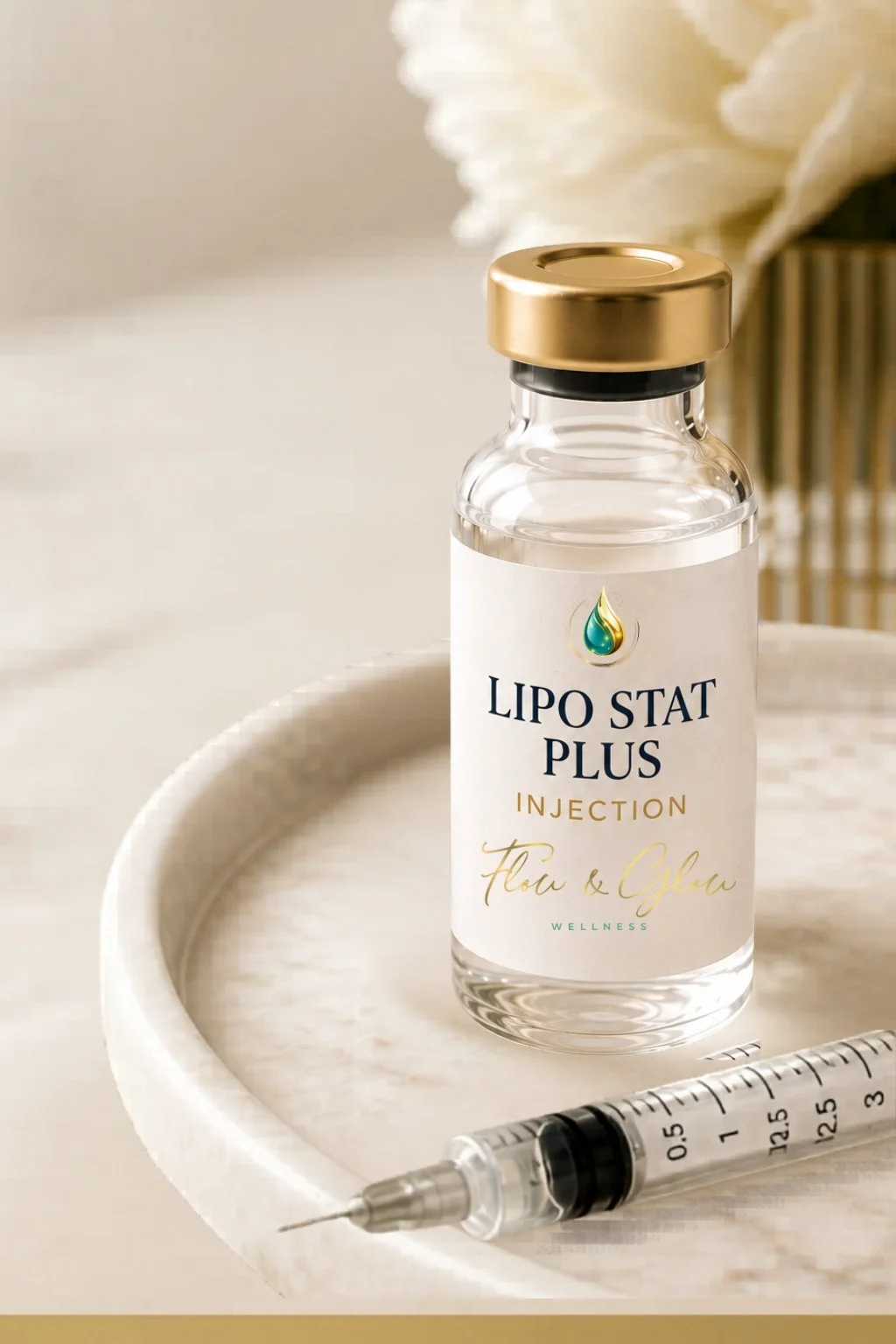 Lipo Stat Plus injection with lipotropic nutrients, vitamins, and amino acids for fat metabolism, energy production, liver health, and wellness support at Flow & Glow Wellness in West Palm Beach