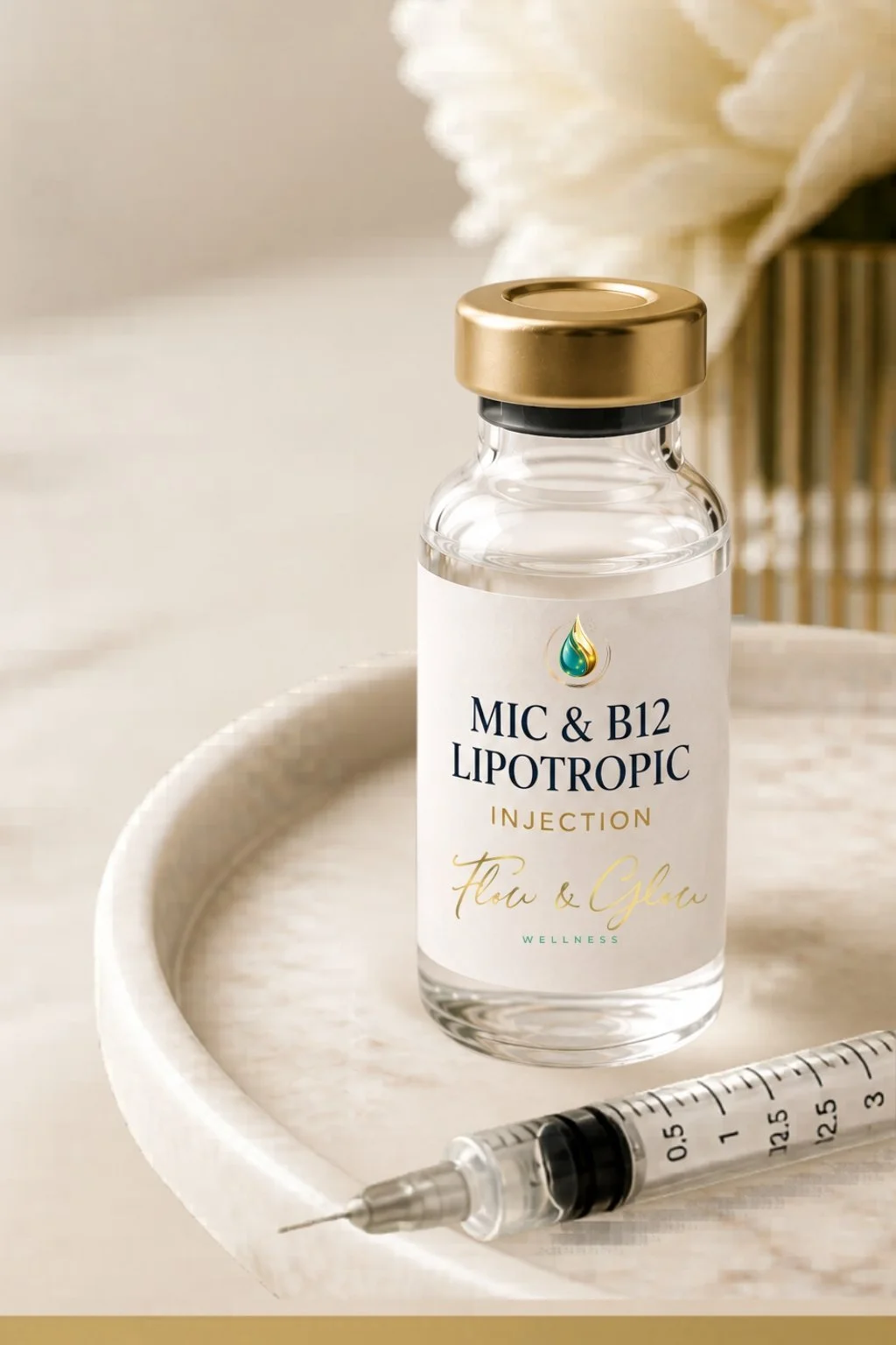 MIC and B12 lipotropic injection for fat metabolism, energy production, and wellness support at Flow & Glow Wellness in West Palm Beach.