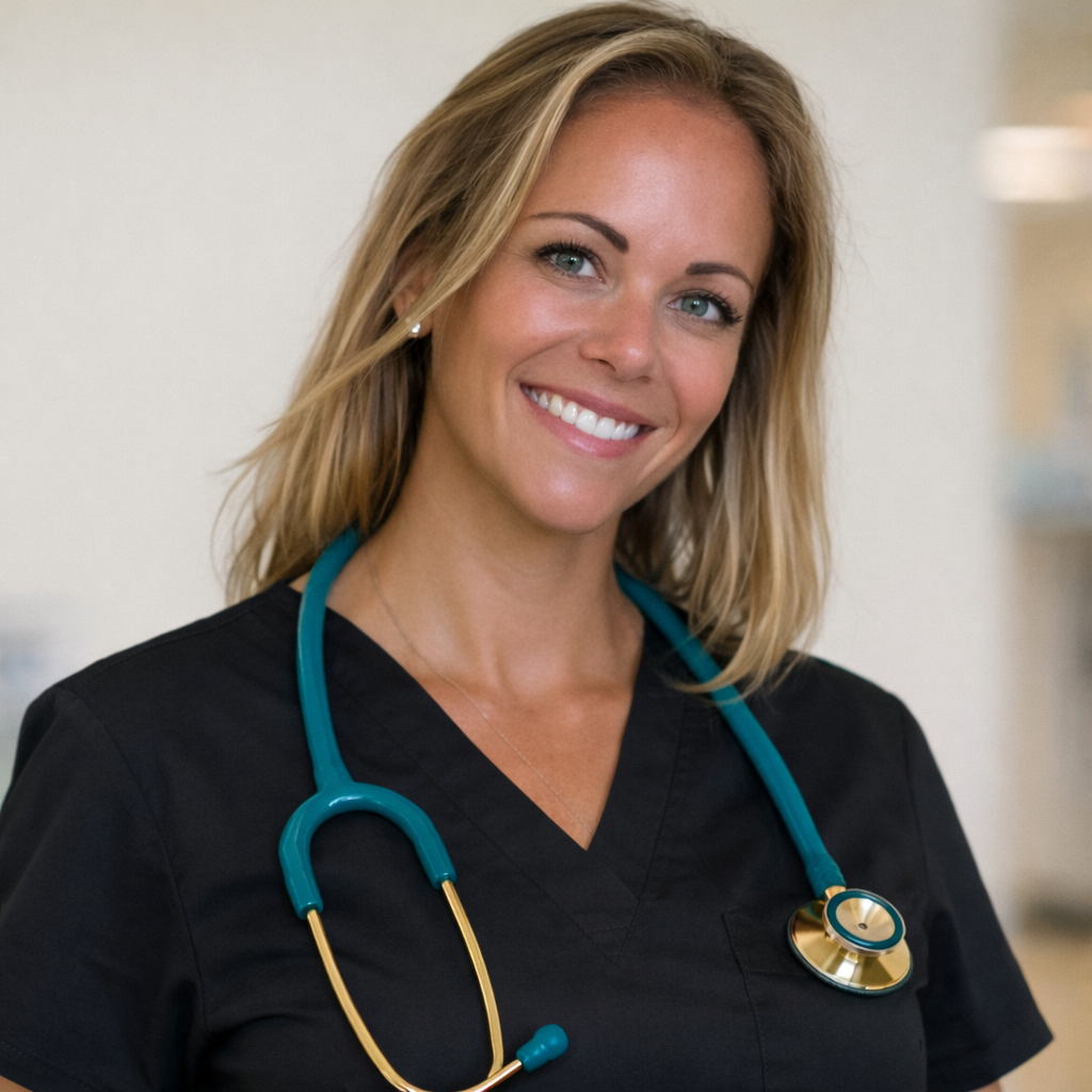 Registered nurse providing concierge mobile IV therapy services in Palm Beach County wearing black scrubs with teal and gold stethoscope for hydration, recovery, and wellness treatments.