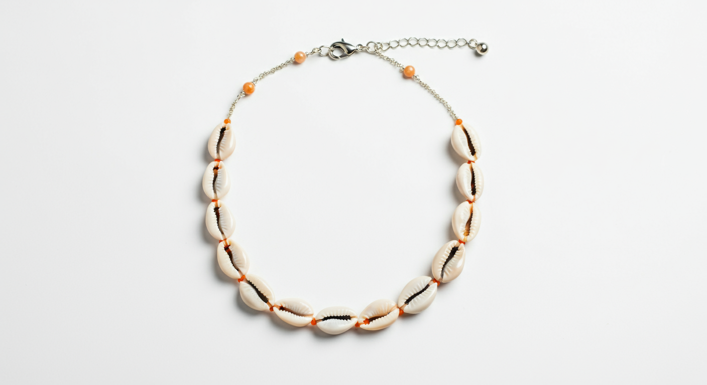 collier composé de coquillages et de perles orange, avec un fermoir en métal, posé sur un fond blanc